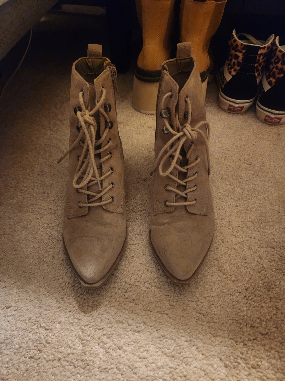 Lace-Up Pointed-Toe Ankle Booties in Taupe Suede